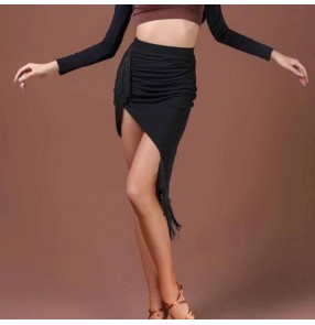 Women's black latin dance skirt irregular hem fringe salsa chacha performance costumes with shorts inside